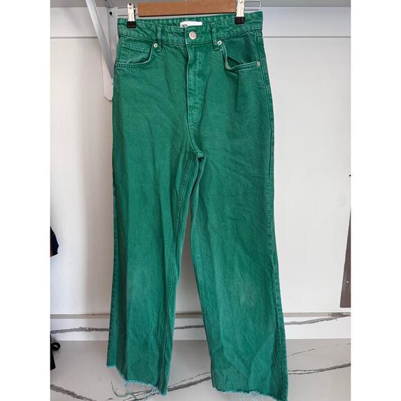Zara High Rise Straight Leg Fray Hem Green Denim Pants Jeans Size 4 - Picture 11 of 11